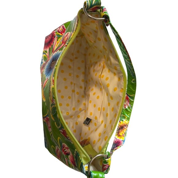 Floral Green Oilcloth Shoulder Bag With Yellow Polka Dot Lining & Zipper Closure - Picture 5 of 6